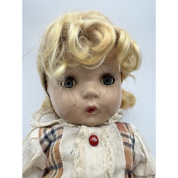 Halloween Creepy VTG Sleepy Flirty Eyes Composition Girl Doll 18 Inch Blonde - Picture 2 of 13